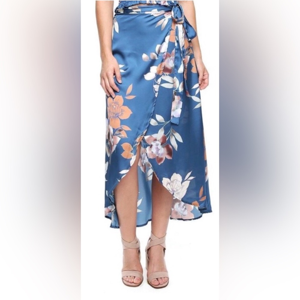 Shore Blue Floral Wrap Midi Skirt Medium High Low Boho Asymmetrical Tie Waist